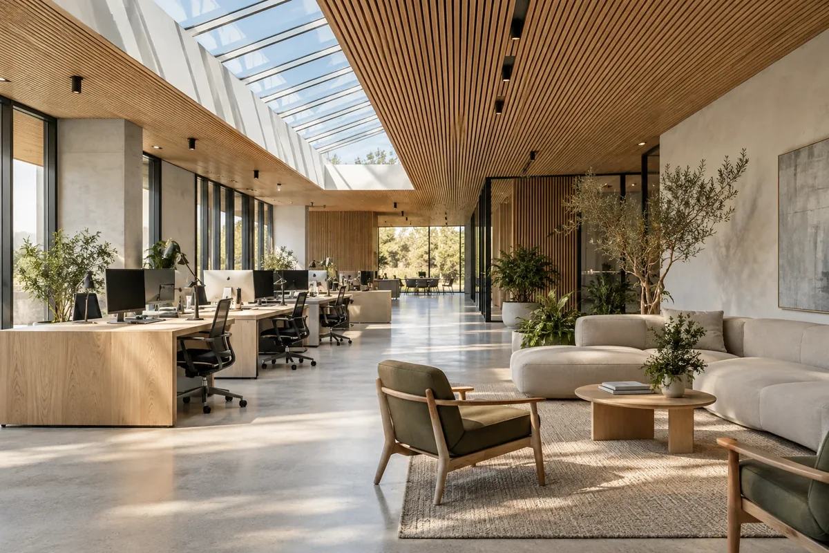 Daylight, materials and spaces within an office building.